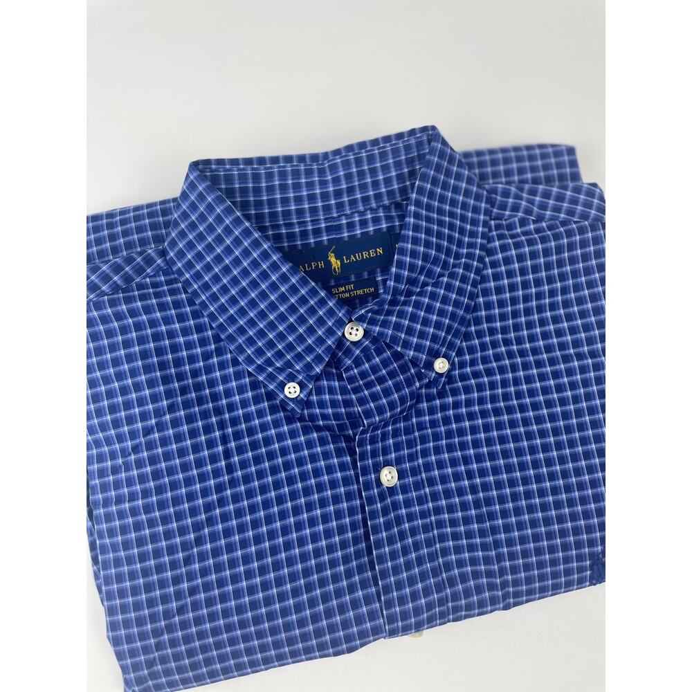 Ralph Lauren Dress Shirt Men’s M Slim Fit Blue/White Plaid Pony Logo